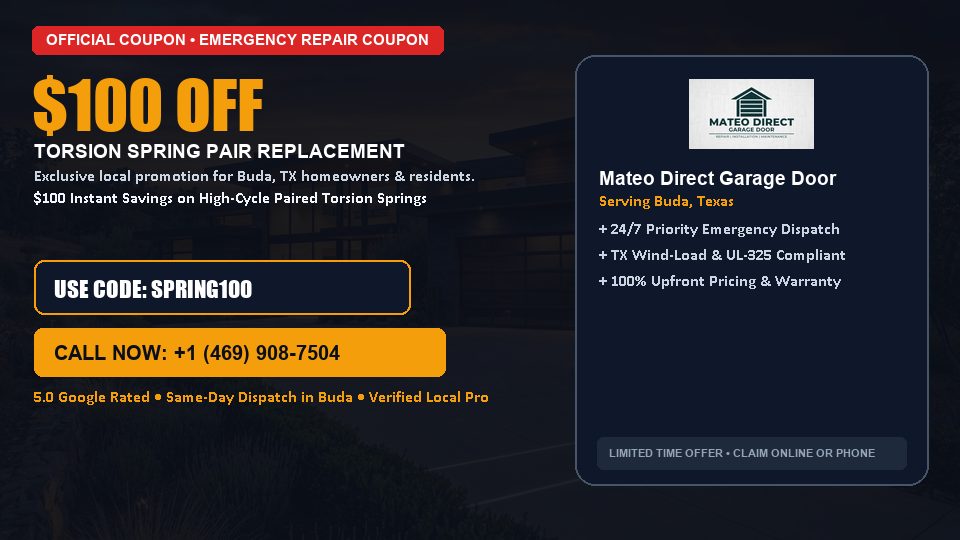 $100 OFF Dual High-Cycle Torsion Spring Replacement in Buda, TX - Mateo Direct Garage Door