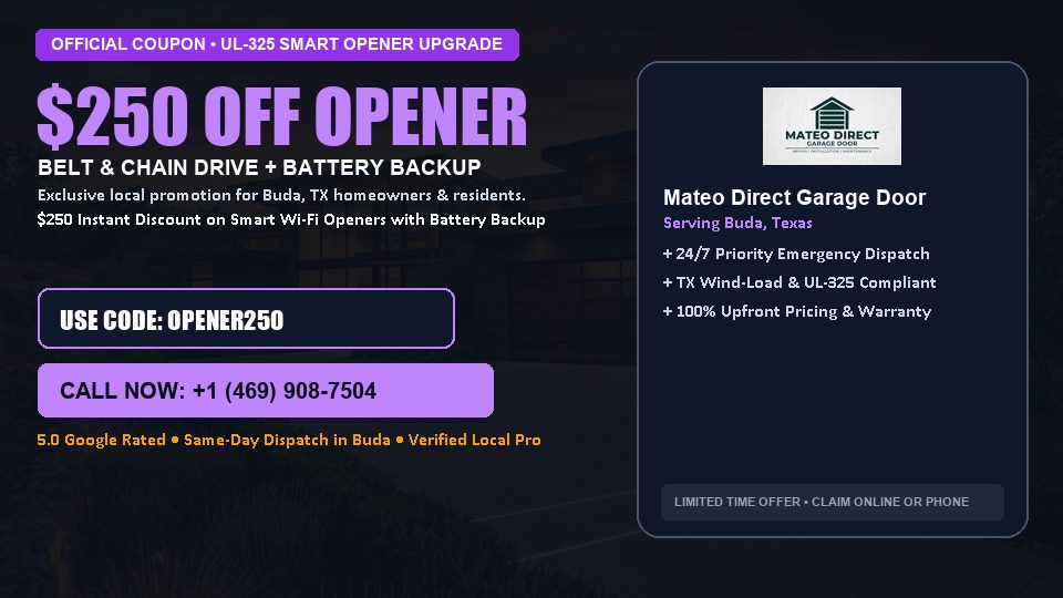 $250 OFF Smart Wi-Fi Garage Door Opener Installation in Buda, TX - Mateo Direct Garage Door