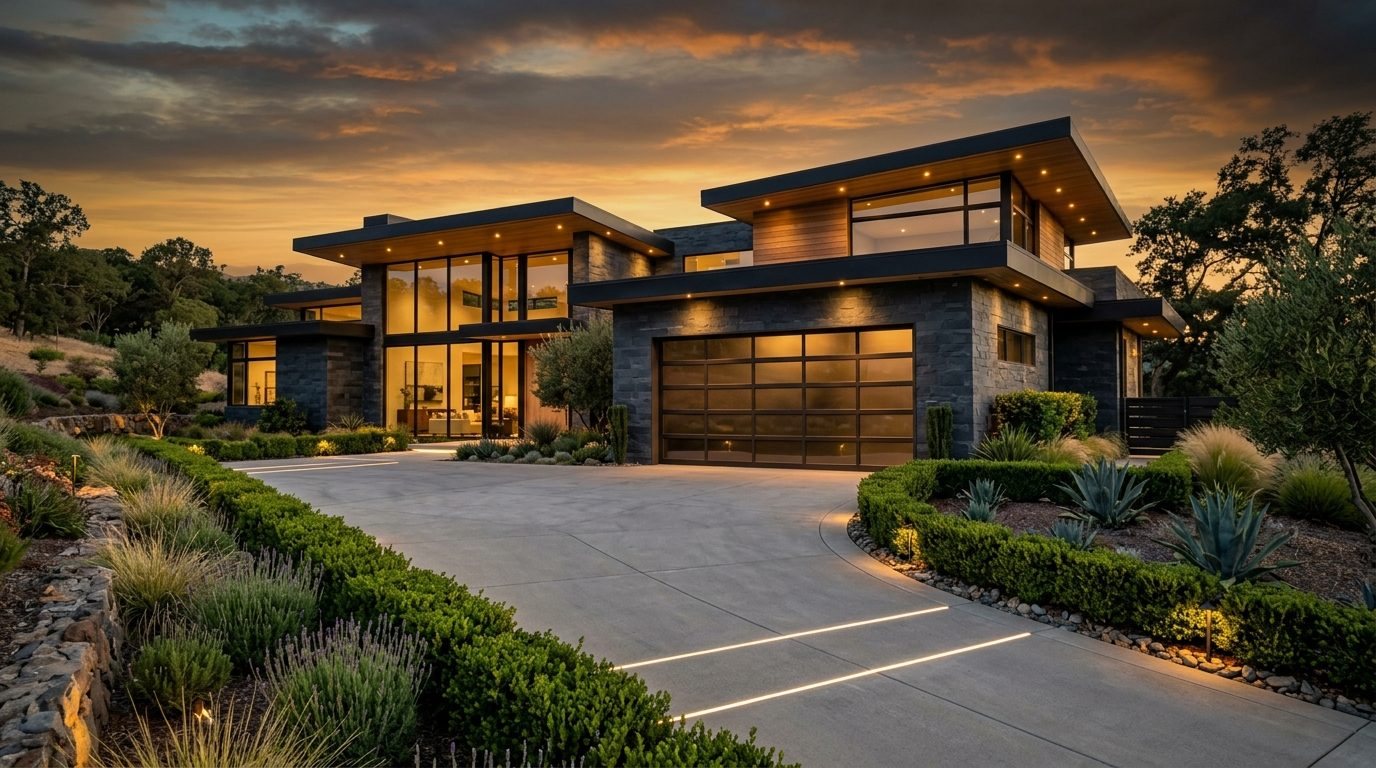 Mateo Direct Garage Door Exterior Closed Garage Door at Twilight